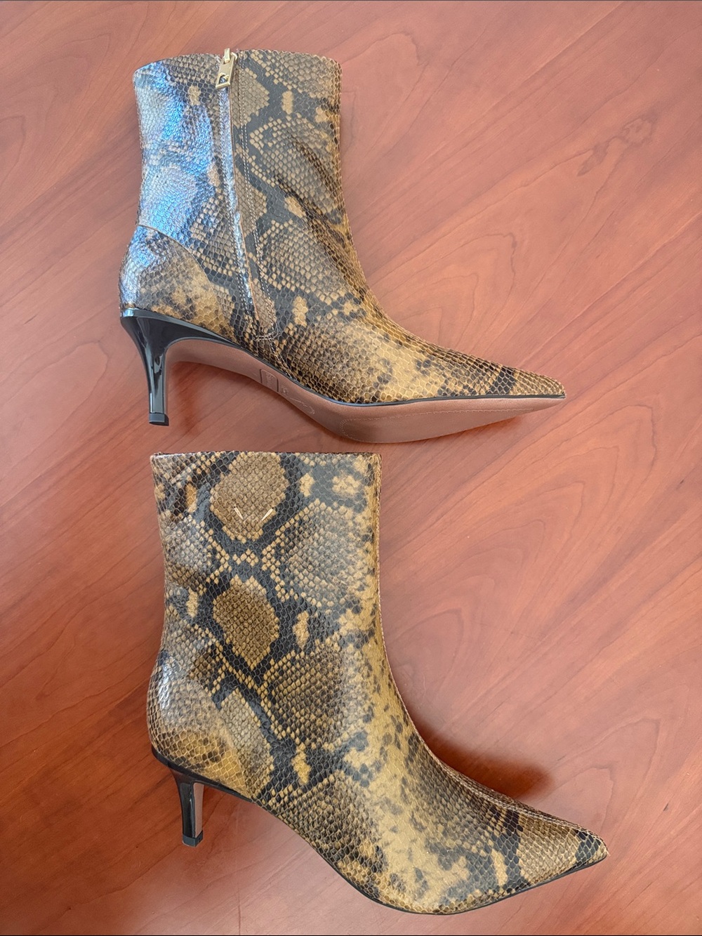 Franco Sarto Snake-Print Pointed Toe kitten heel ankle boots - Brown/Black